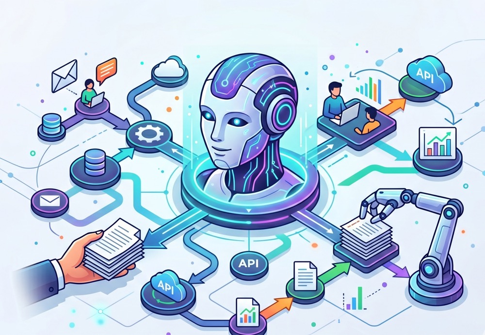 Diagrama de agentes de IA conectando datos, APIs y automatizaciones